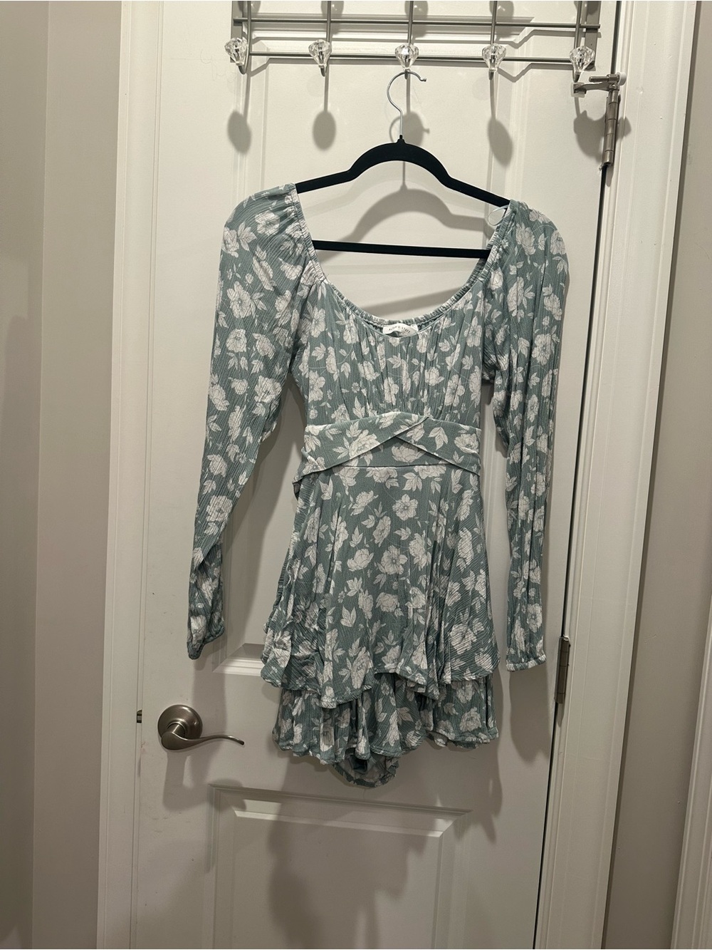 Altar'd State Sage Floral Long Sleeve Tie-Front Mini Dress